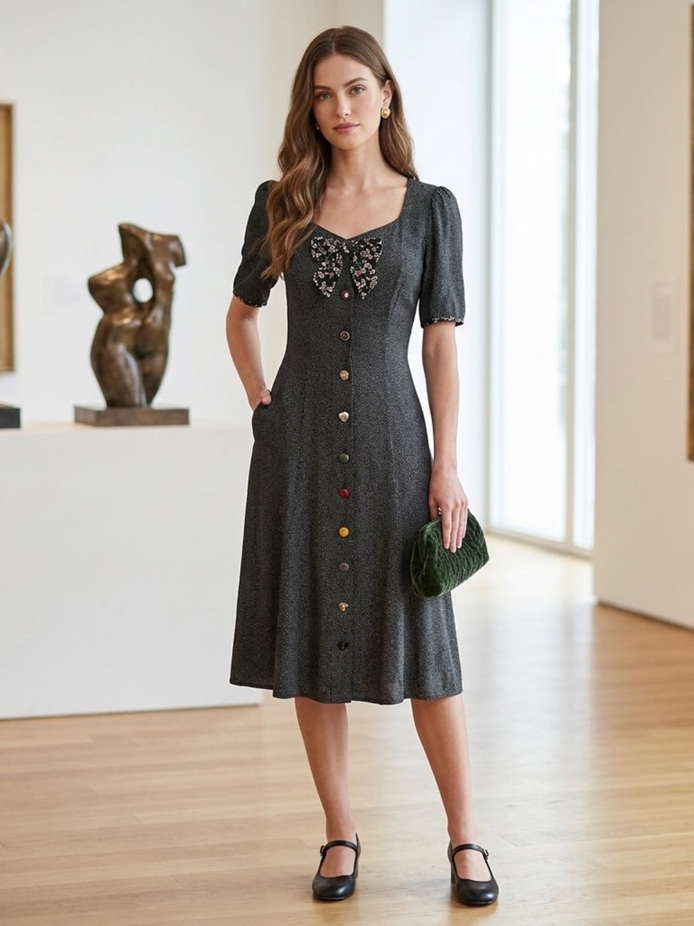 Sostanza Black Midi Dress Floral Bow Puff Sleeve Tailored Rayon Vintage Size 5/6